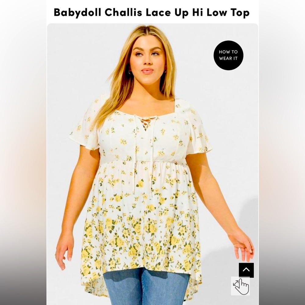 Torrid babydoll challis lace up high low top white yellow floral 2 2x 18/20